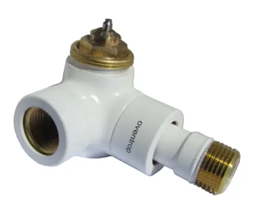 Thermostatventil von Oventrop in weißer Pulverbeschichtung, mit einem Winkelanschluss und zwei Gewindeöffnungen für die Installation in Heizsystemen.